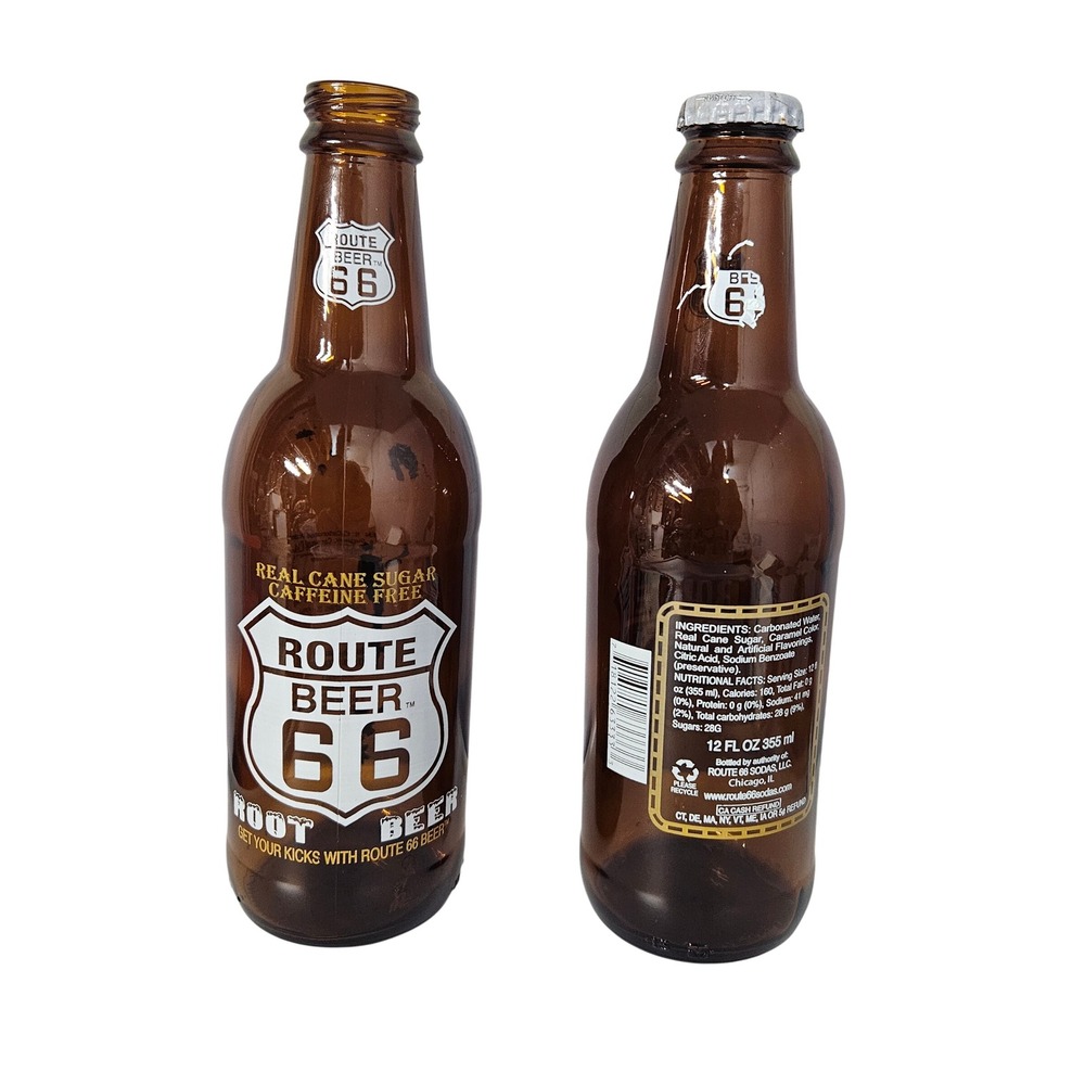 Route 66 Soda Glass Bottles 12oz Brown Americana Advertising Set of 2